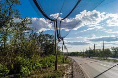 Anti-drone nets defense system near Kramatorsk, Ukraine Stock Photos