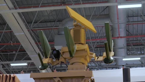 Anti drone, UAV radar system with multiple antenna at defence exhibition Stock Footage 344966106