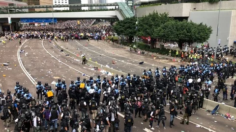 Anti Extradition Bill protesters facing hundreds of full gear riot ,12 June 2019 Stock Footage 110163976