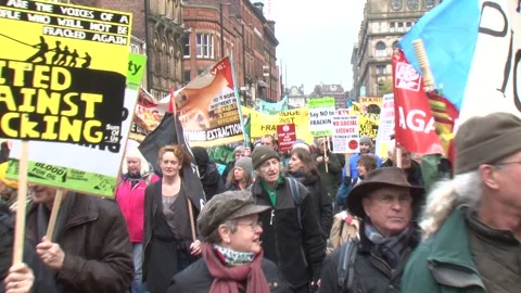 Anti Fracking protest demonstration, Manchester Stock Footage 157444060