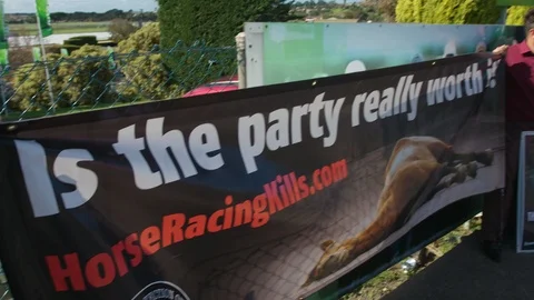 Anti Jumps Racing Protest at Warrnambool Racecourse. Stock Footage 87694199