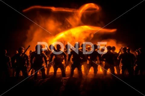 Anti-riot police give signal to be ready. Government power concept. Police in Stock Photos