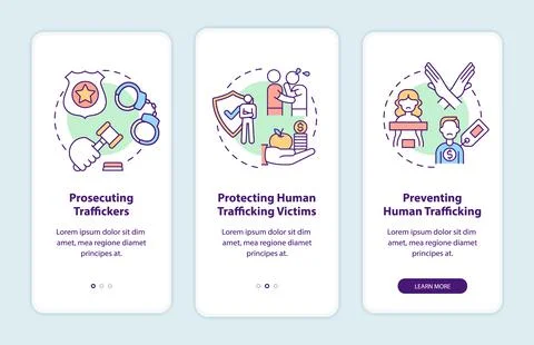 Anti-trafficking policy elements onboarding mobile app page screen Illustrazione stock