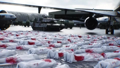 Anti war concept. Corpses covered with sheets. Military base. Stock Footage 313505950
