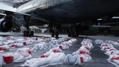 Anti war concept. Corpses covered with sheets. Military base. Stockbeeldmateriaal 313505955