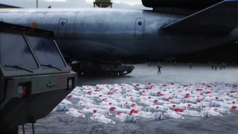 Anti war concept. Corpses covered with sheets. Military base. Vidéo 313505964