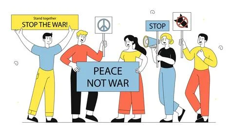 Anti war protest. Men and women with placards and loudspeakers. Peaceful strike Stock Illustration