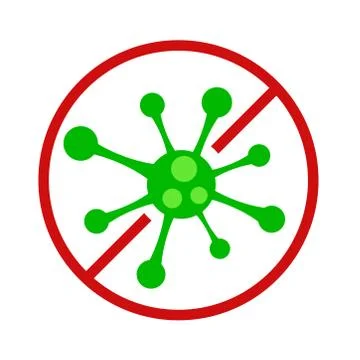 Antibacterial icon with green virus in red circle for design on white. No bac Stock Illustration
