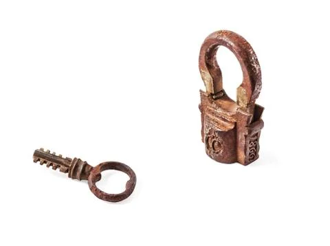 Antic open lock and key on white background Stock Photos