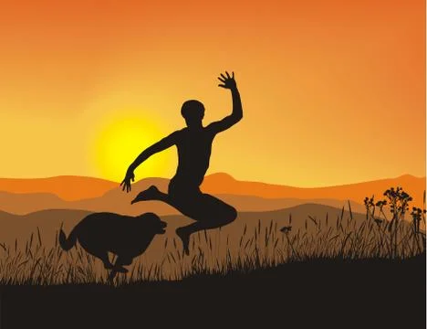 Antics boy and dog at sunset in the mountains イラスト素材