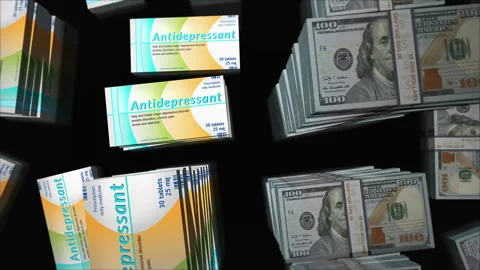Antidepressant tablets box and US Dollar money pack loop 3d animation Stock Footage 244164696