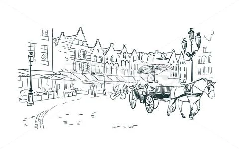 Antient city center european Netherlands vector sketch illustration Stock Illustration