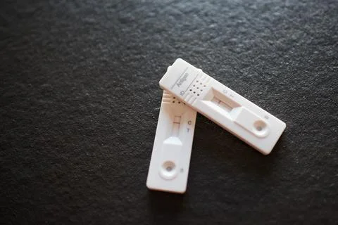 Antigen tests with a negative result. Red control line. Stock Photos