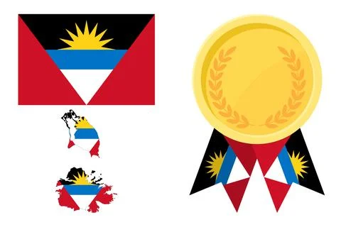 Antigua and barbuda flag with map and gold medal in set for web and banners.. Stock Illustration