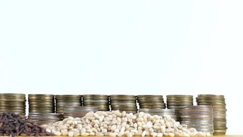 Antigua and Barbuda flag with stack of money coins and piles of wheat seeds Stock Footage 71131286