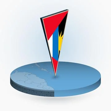 Antigua and Barbuda map in round isometric style with triangular 3D flag of.. Stock Illustration
