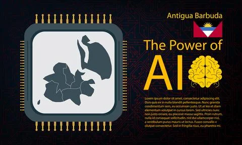 Antigua Barbuda map with microchip war and AI concept on circuit board, Pow.. イラスト素材