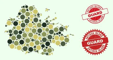 Antigua Island Map Composition with Camo Military Spheric Elements with Textured Illustrazione stock