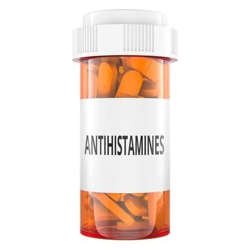 Antihistamines pill bottle with tablets. 3D rendering Stock-Illustration