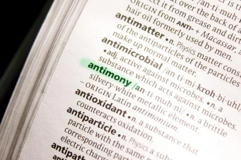 Antimony word or phrase in a dictionary. Stock Photos