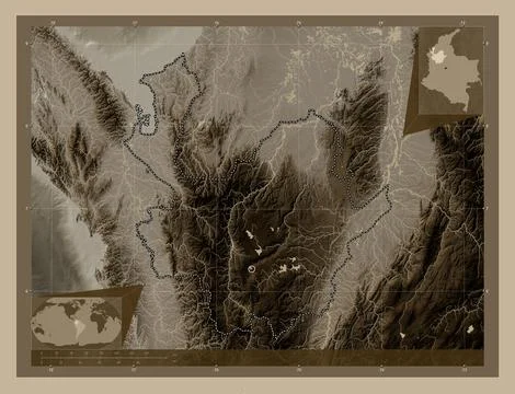 Antioquia, Colombia. Elevation map colored in sepia tones with lakes and rive Stock Illustration
