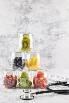 Antioxidant and anticancer fruit in jars : grapes, kiwi, blueberries, grape.. Stock Photos