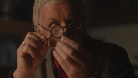 Antiquarian checking a skull item using the magnifier Stock-Footage 258297765