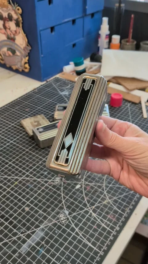 Antique Art Deco Cigar Box With Lid, Silver Metal And Black Enamel Dispenser 動画素材 345367617