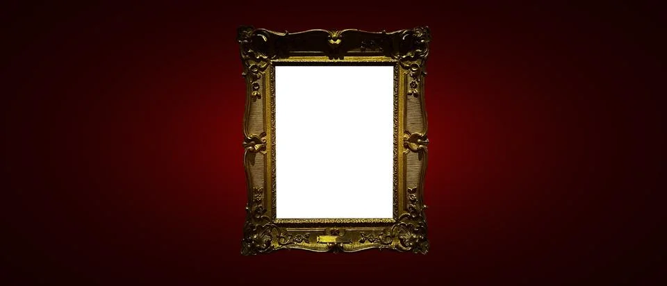 Antique art fair gallery frame on royal red wall at auction house or museum Stock Photos