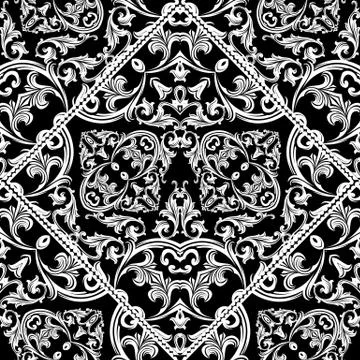 Antique Baroque seamless pattern. Black floral background wallpaper with vint Stock Illustration