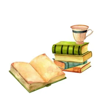 Antique books, a tea cup composition watercolor set. Print for Interior dec.. Stock Illustration