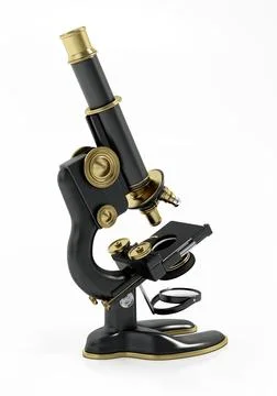 Antique brass and iron microscope isolated on white background. 3D illustrati Stock Illustration