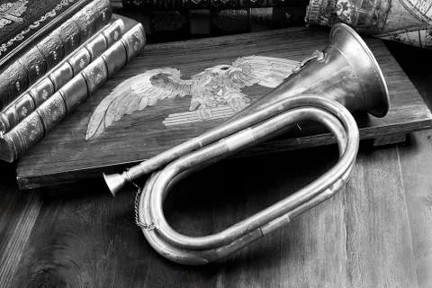 Antique Brass Bugle and Eagle. Stock Photos