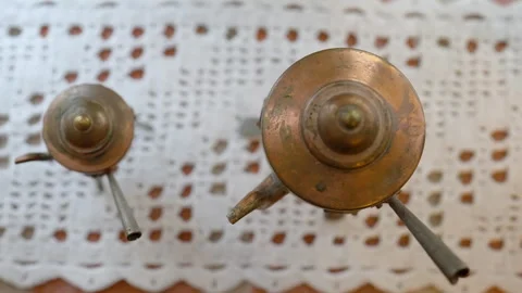 Antique Brass Tea Pot Top View on Lace Stock Footage 263367406