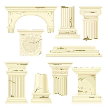 Antique broken marble architectural elements set. Stone ruined columns pillars Stock Illustration