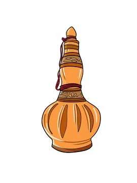 Antique brown-painted jar with its lid loosely attached, set against a neutral b Illustrazione stock