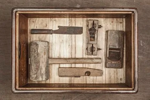Antique carpenter tool in box set (still life) Stock Photos