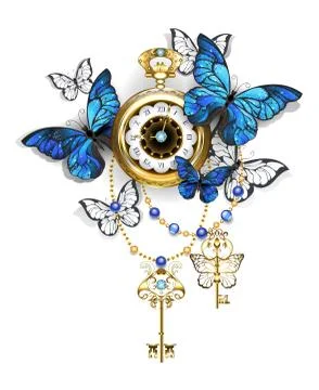 Antique clock with butterflies morpho Stock Illustration