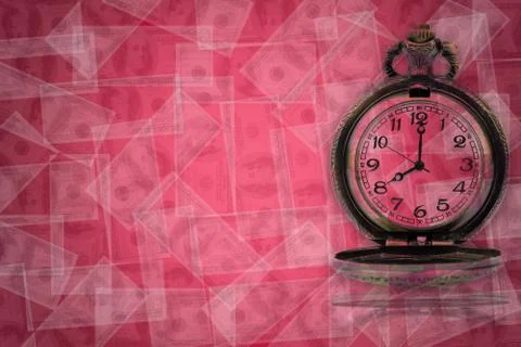 Antique clock on the dollar flying background. Stock Photos