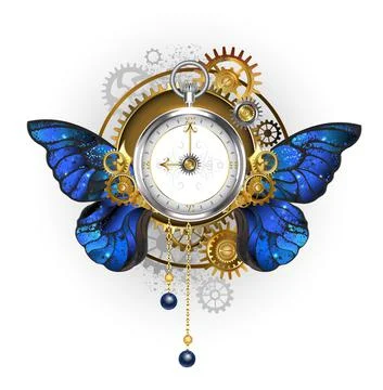 Antique clock with morpho butterfly wings Stock Illustration