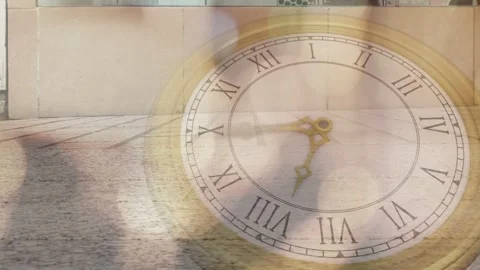Antique clock overlay marking passing time as passersby entering frame, low Stock Footage 334760286