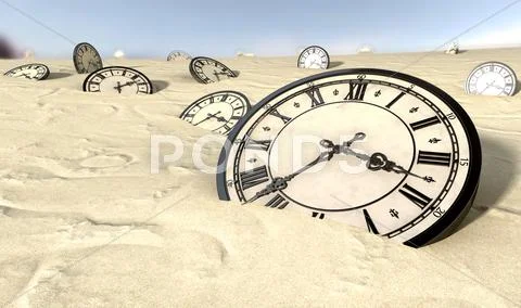 Antique clocks in desert sand Stock Illustration