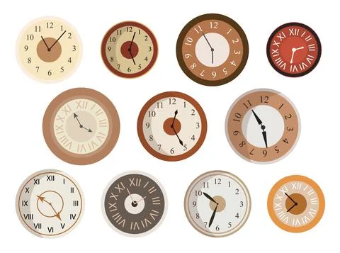 Antique clocks face set. Various round dials collection with Roman and Arabic Stock Illustration