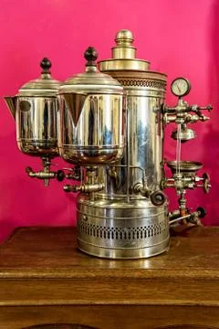 Antique coffee maker machine from an old high class train Stock Photos