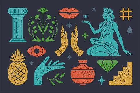 Antique column with boho flower of eternity. Beautiful woman in cape holdin.. Stock Illustration
