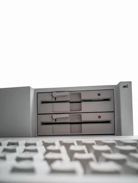 Antique computer 5 inch disk drives and keyboard 스톡 사진
