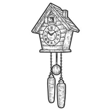 Antique cuckoo clock. Sketch scratch board imitation. Black and white. Stock Illustration