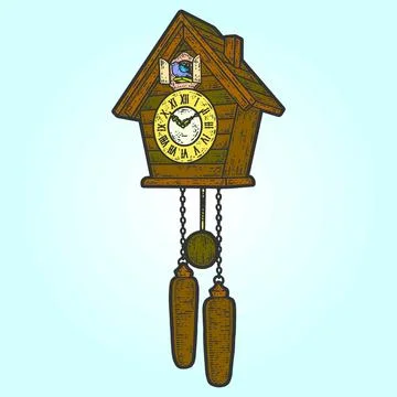 Antique cuckoo clock. Sketch scratch board imitation color. Stock Illustration