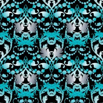 Antique damsk baroque seamless pattern. Vector floral vintage black blue back Stock Illustration