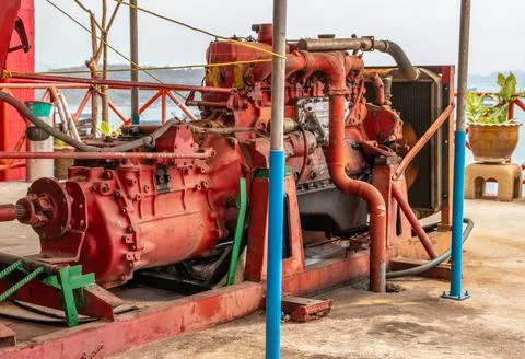 Antique diesel engine for a freight elevator in Thailand, Asia Stock Photos